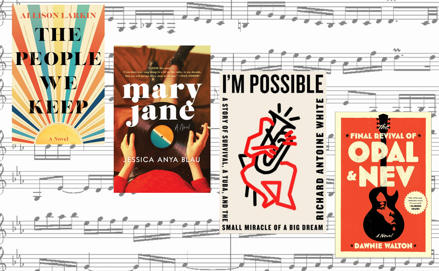 a collage of books over top of musical notes