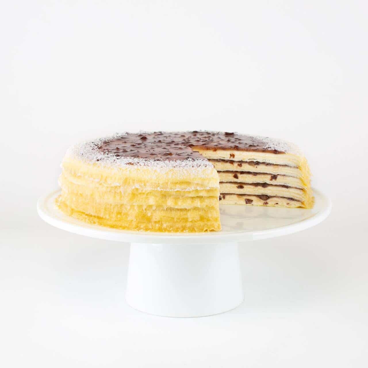 red bean crepe cake on stand