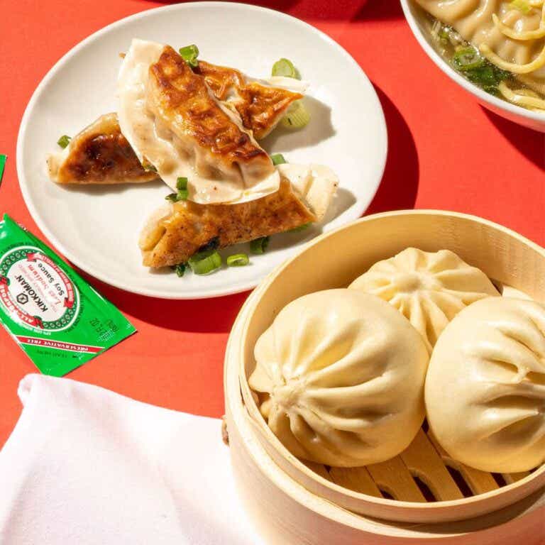 dumplings on red background
