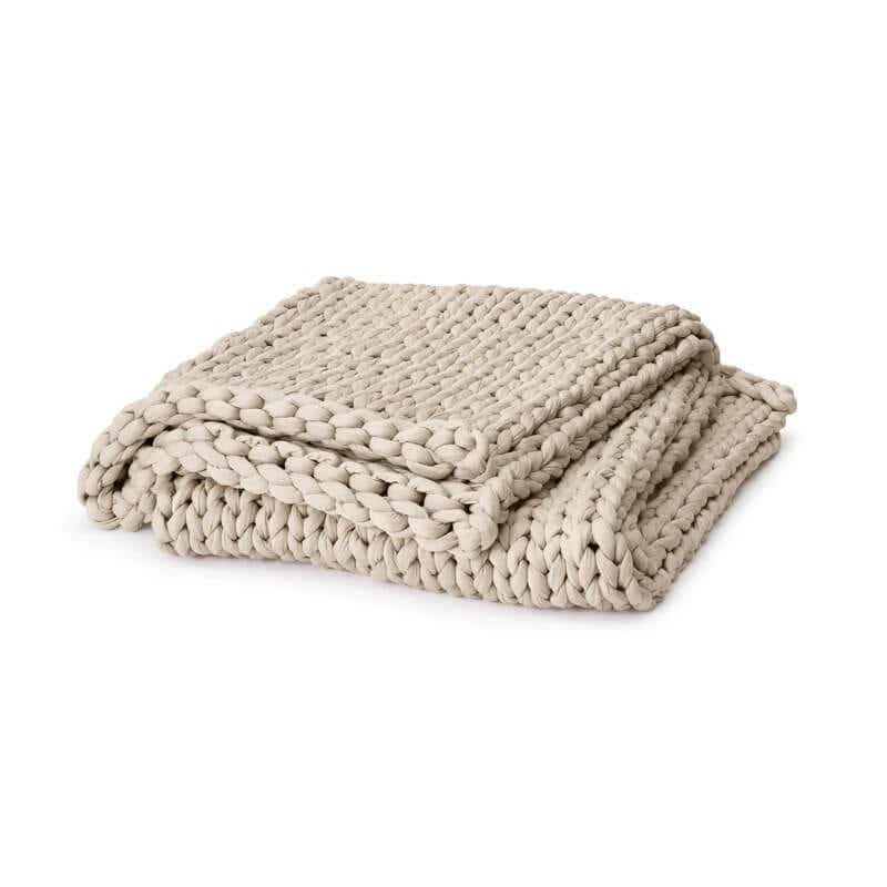 bearaby knitted weighted blanket in beige