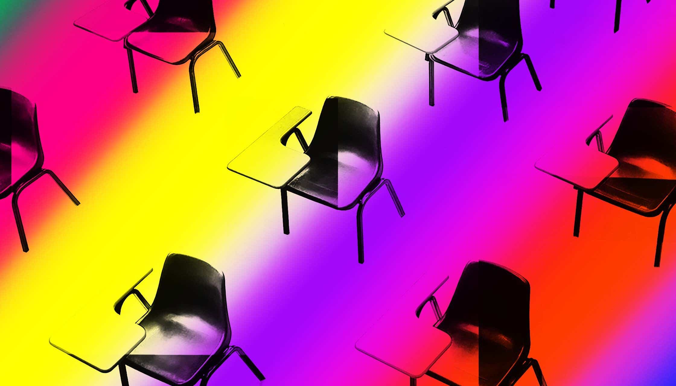 Classroom desks with a rainbow overlay
