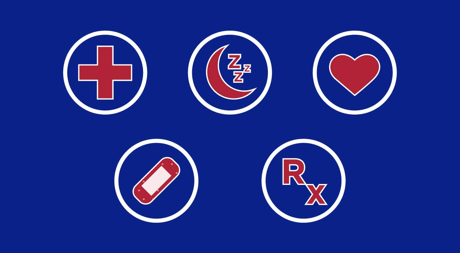 A hospital symbol, a moon, a heart, a bandaid, a prescription symbol
