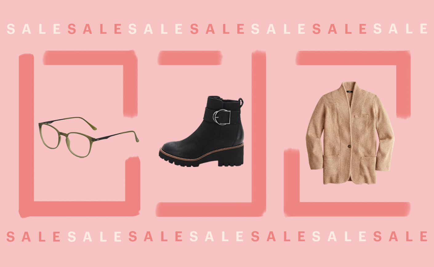glasses, boots, and sweater on pink background with sale text on top and bottom