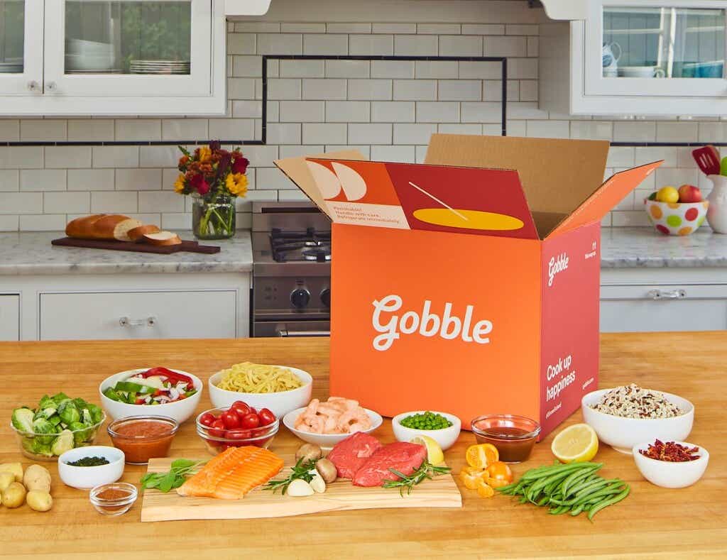 gobble meal kit and food on kitchen counter