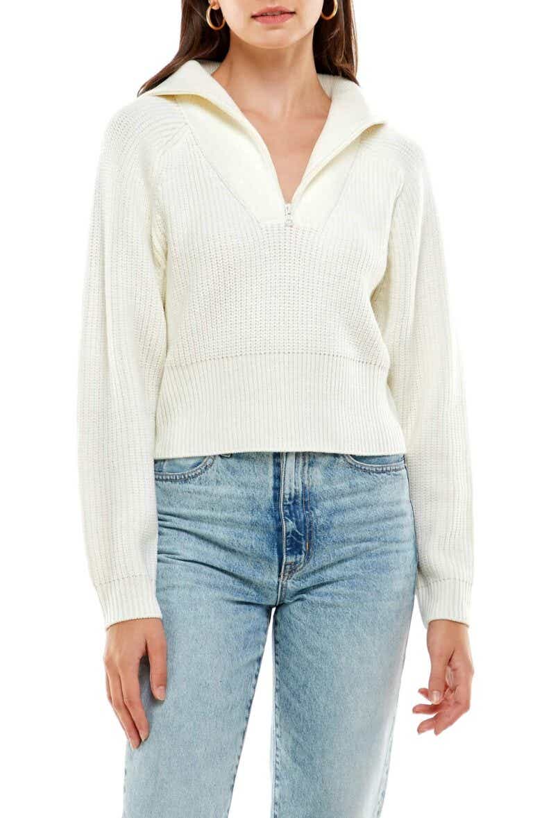 half zip sweater on model