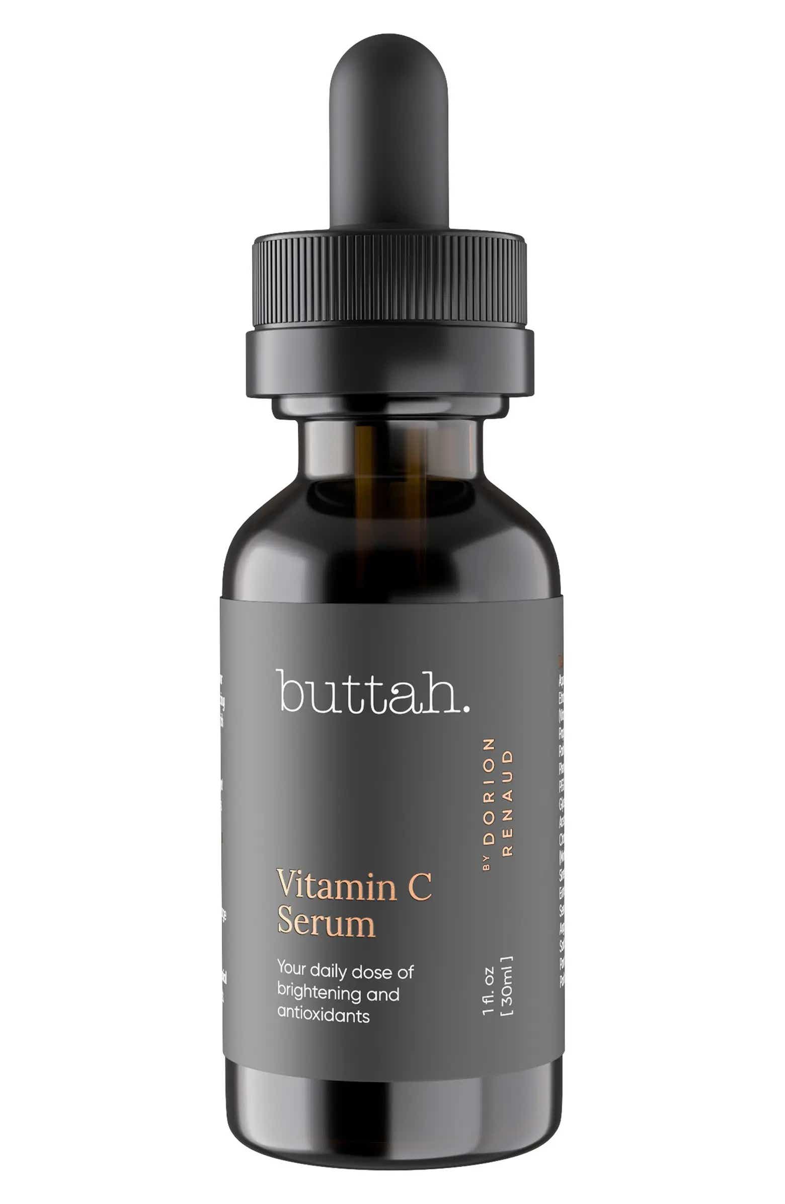 buttah skin vitamin c serum in amber bottle on white background