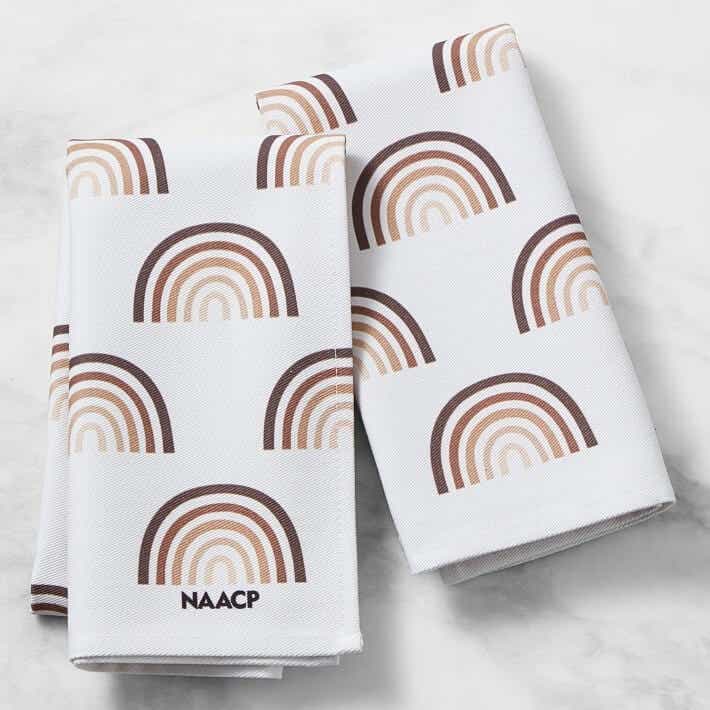white dish towels with brown rainbows printed on them