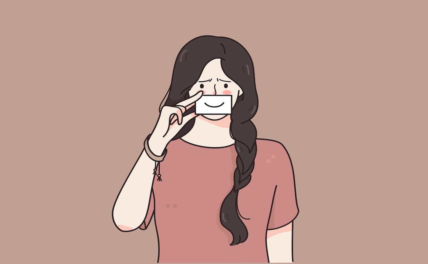 illustration of a woman holding up a drawn smile in front of her mouth