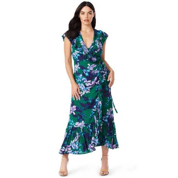 model in blue and green maxi dress