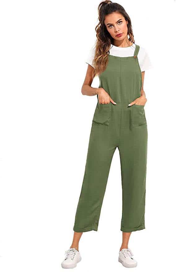 model in olive overalls