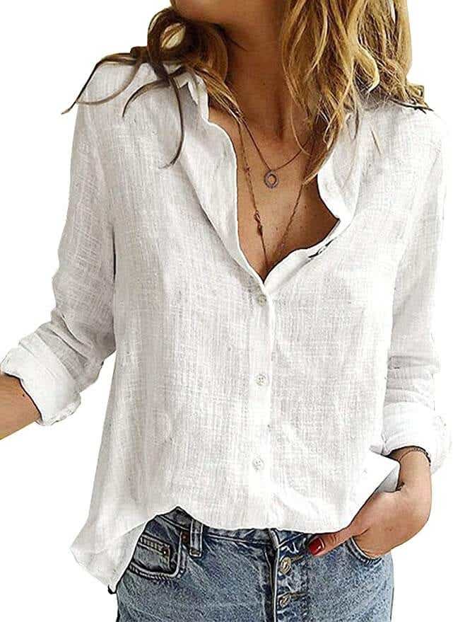 model wearing white button-down
