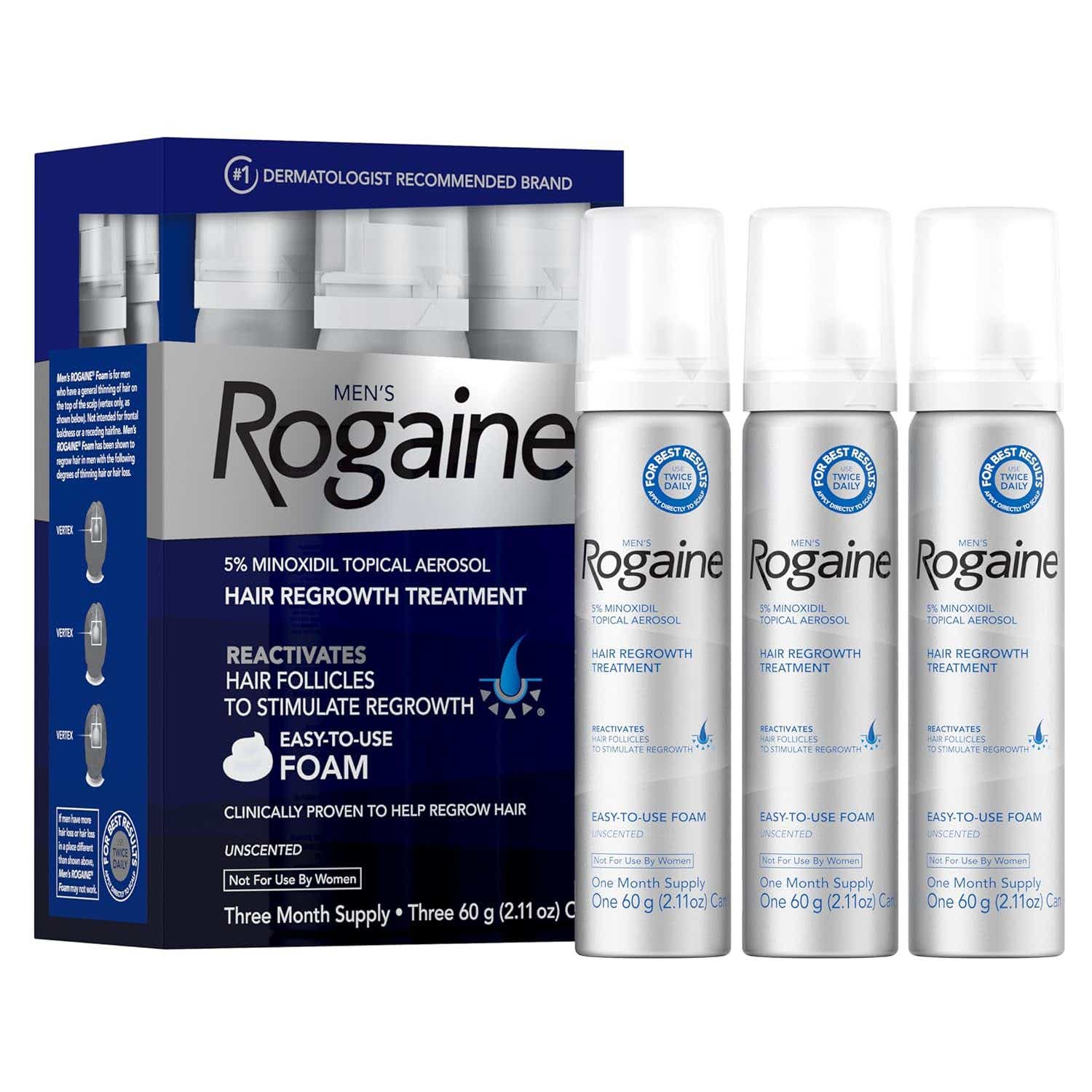 Men's Rogaine 5% Minoxidil Foam for Hair Loss and Hair Regrowth, Topical Treatment for Thinning Hair, 3-Month Supply, 2.11 Ounce, 3 Count (Pack of 1)