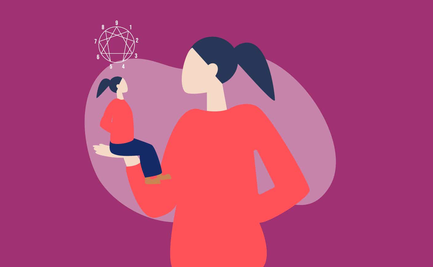 illustration of a woman looking at a smaller version of herself with the enneagram symbol above her head