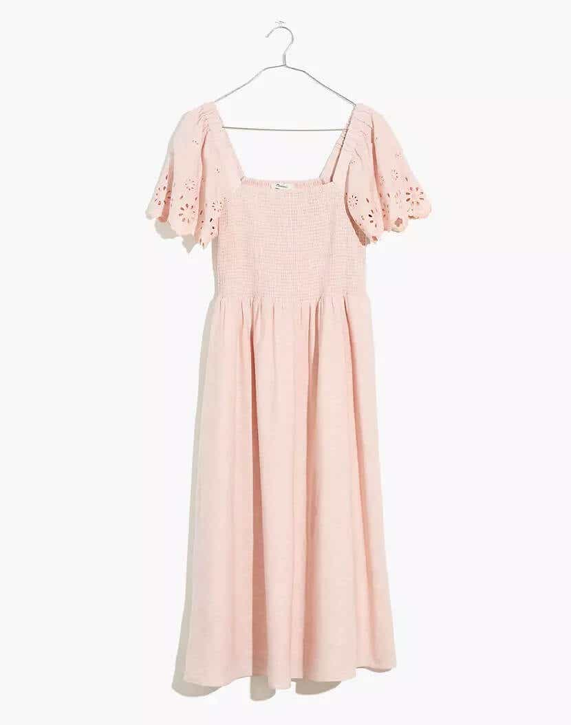 madewell pink midi dress with smocking