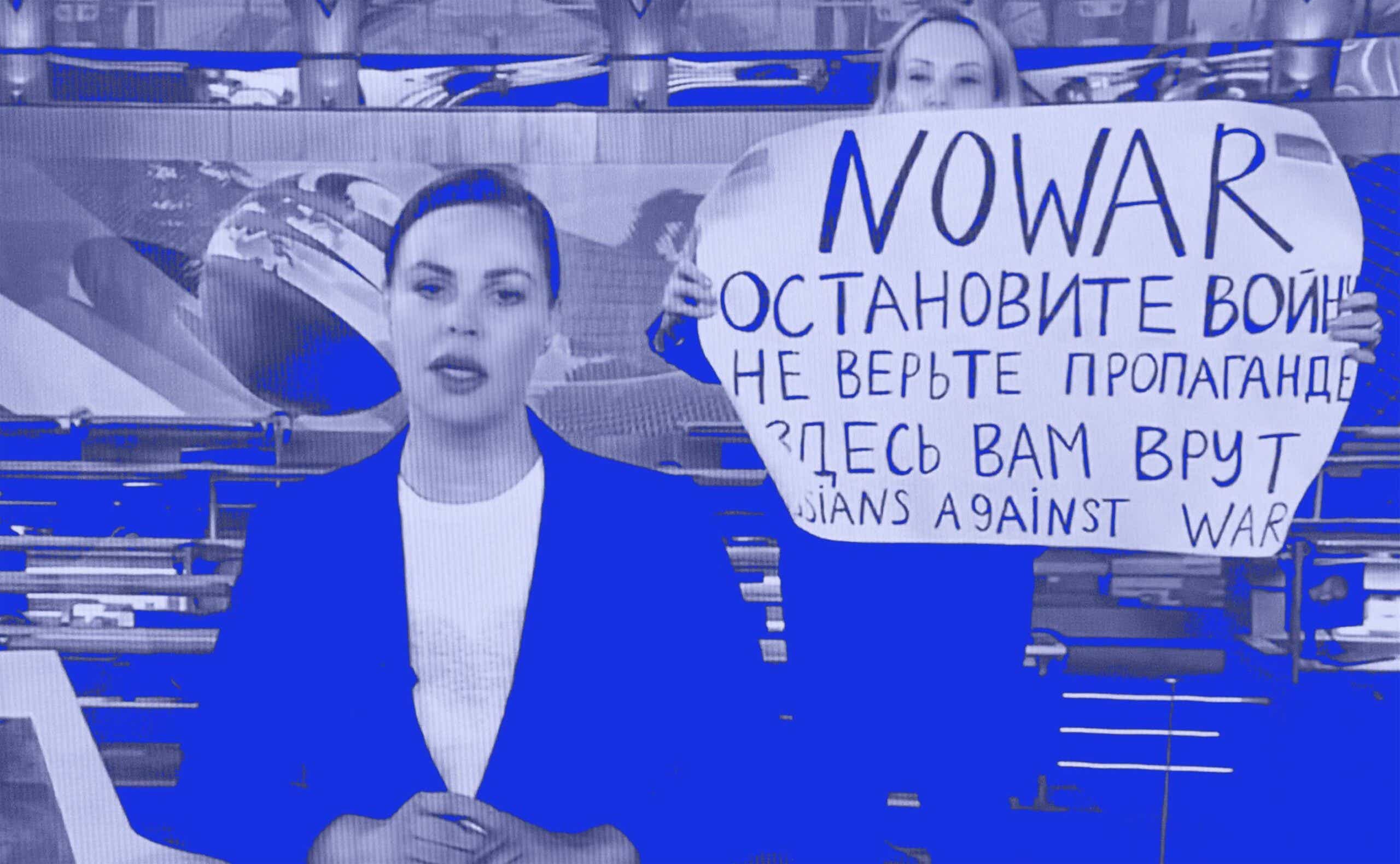 Marina Ovsyannikova, an employee of the Russian TV network Channel One, holds an anti-war sign on air