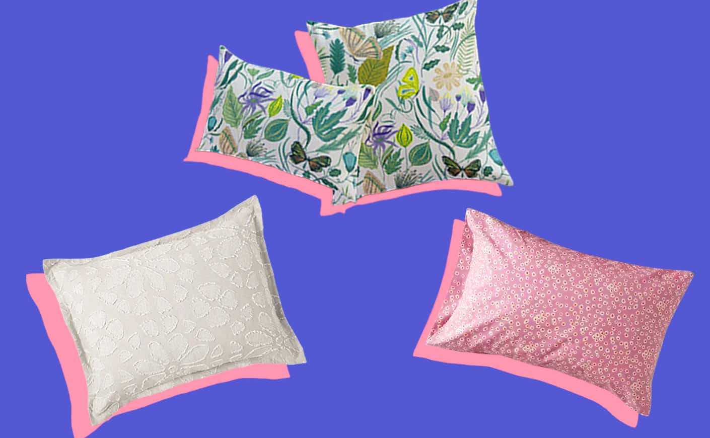 collage of 3 color bed pillows