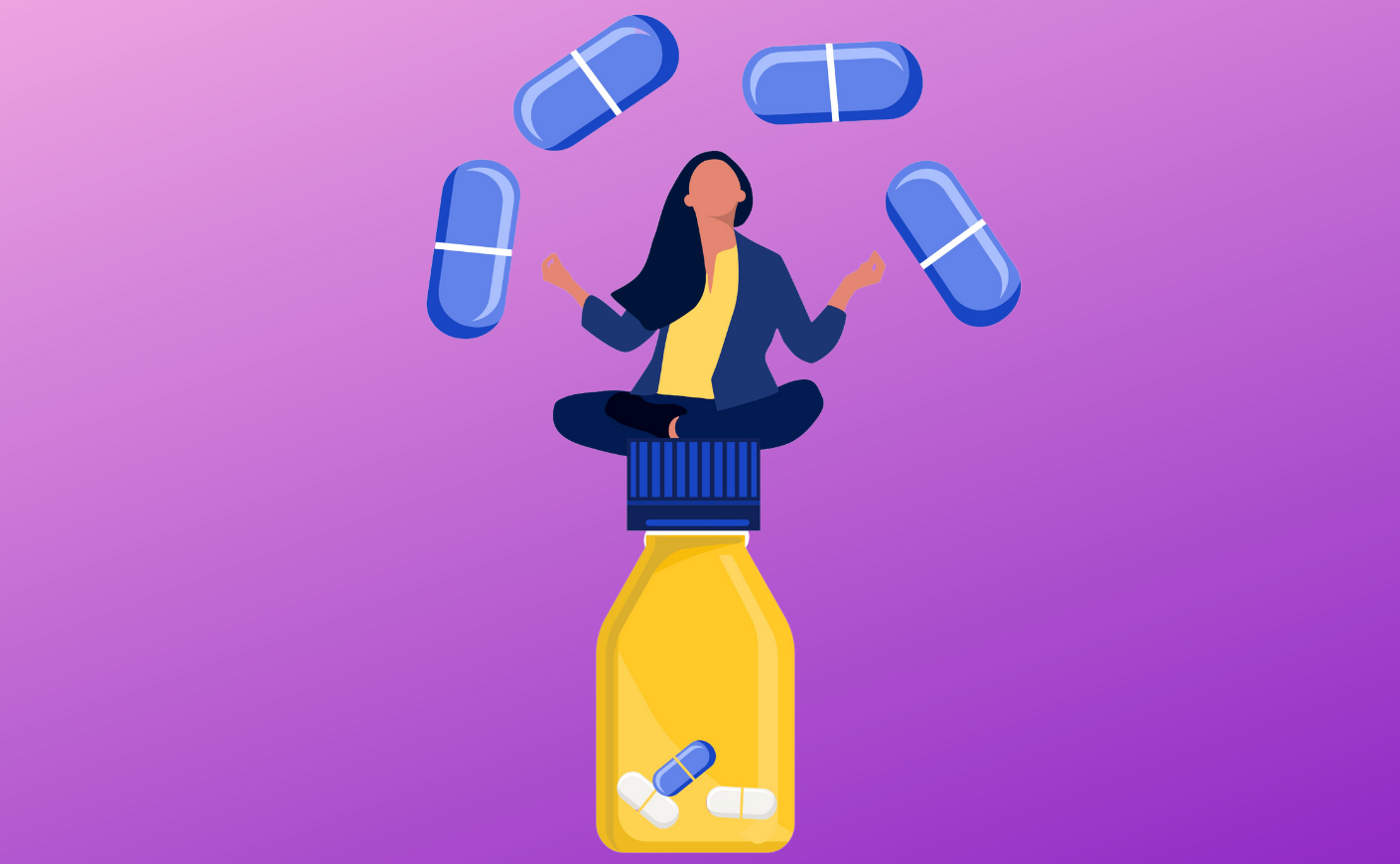 illustration of a woman sitting on a pill bottle with pills floating above her head
