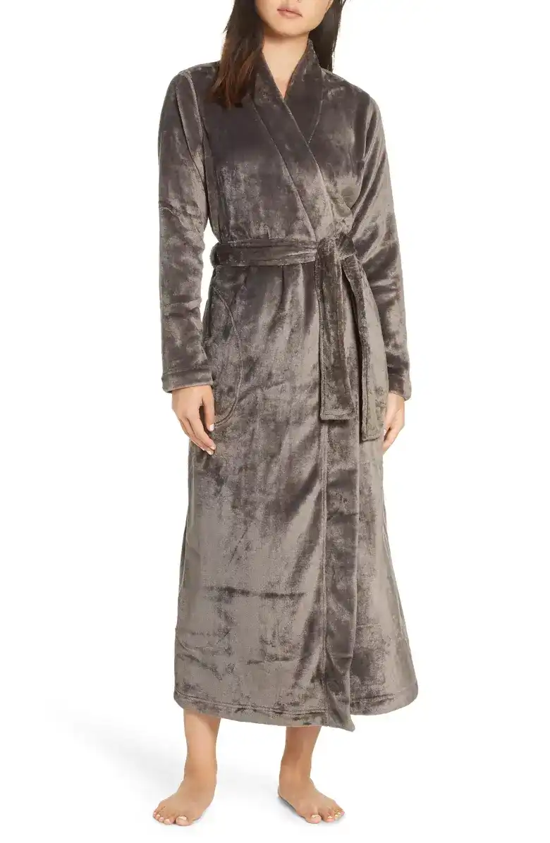 grey Marlow Double Face Fleece Robe on model