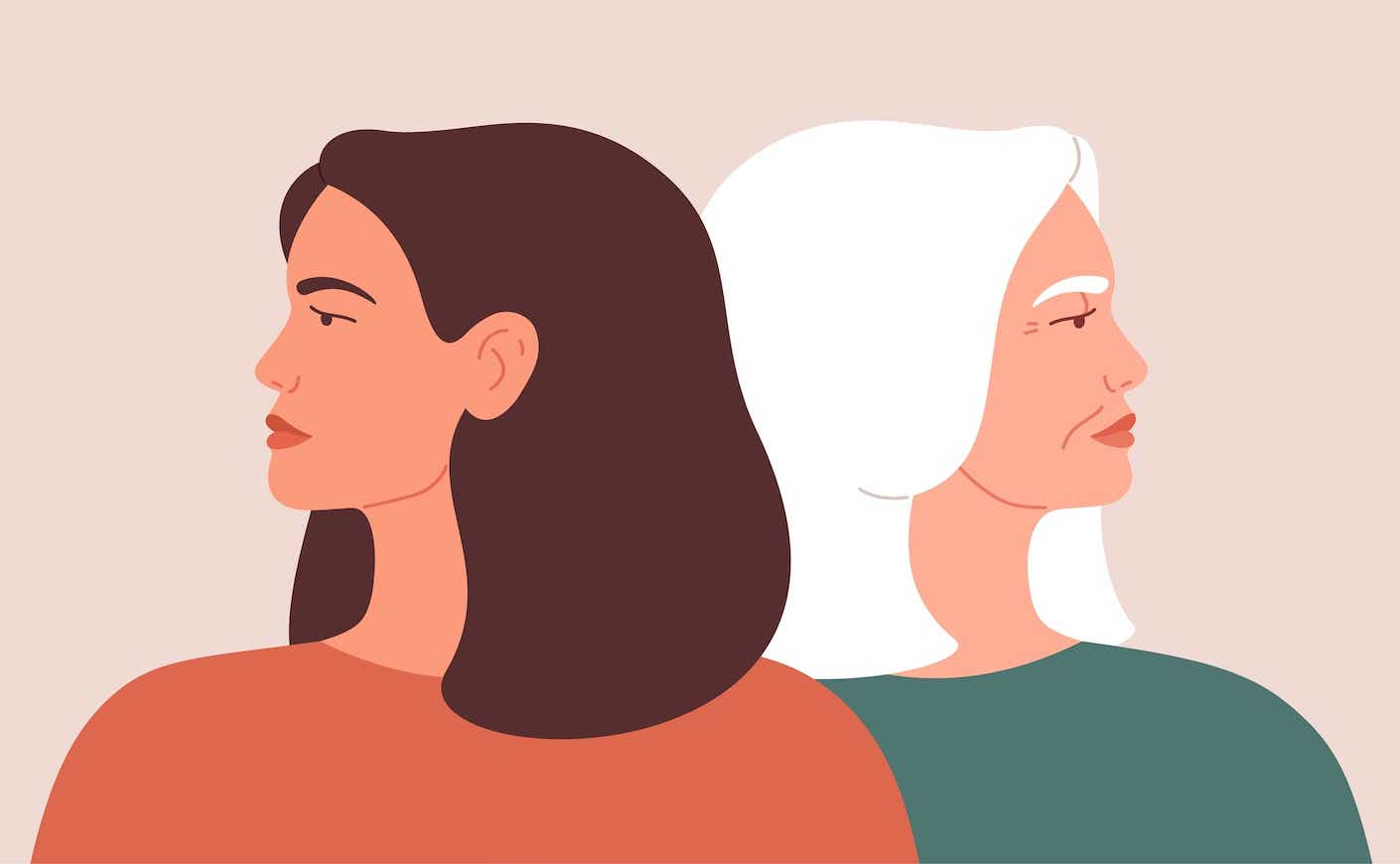 illustration of a young woman and an older woman looking away from each other with sadness