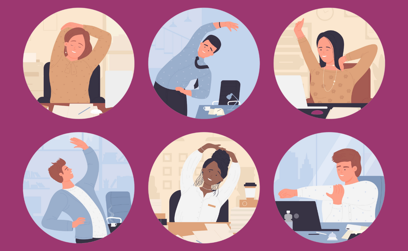 illustration of people stretching at their desks