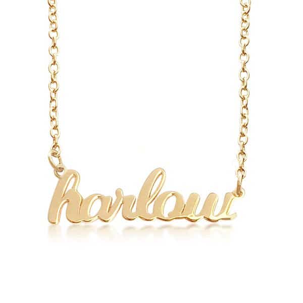 Tiny Tags Gold Script Nameplate Necklace