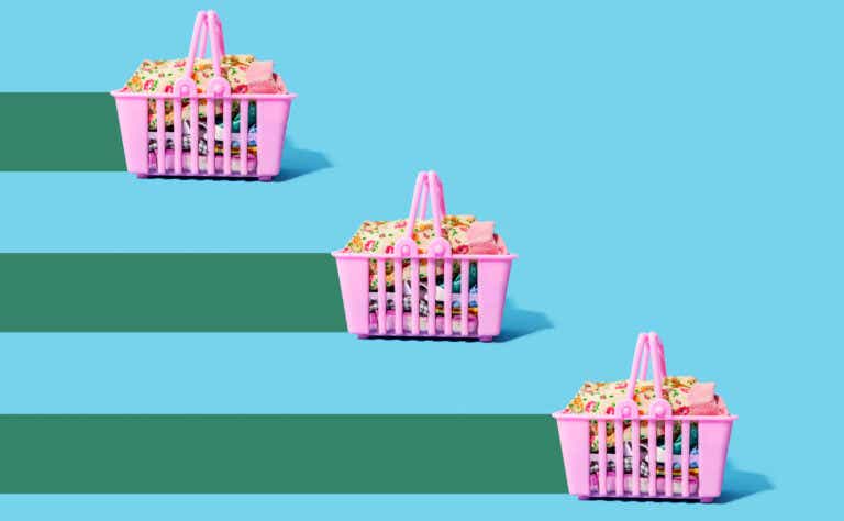 pink shopping baskets with clothing