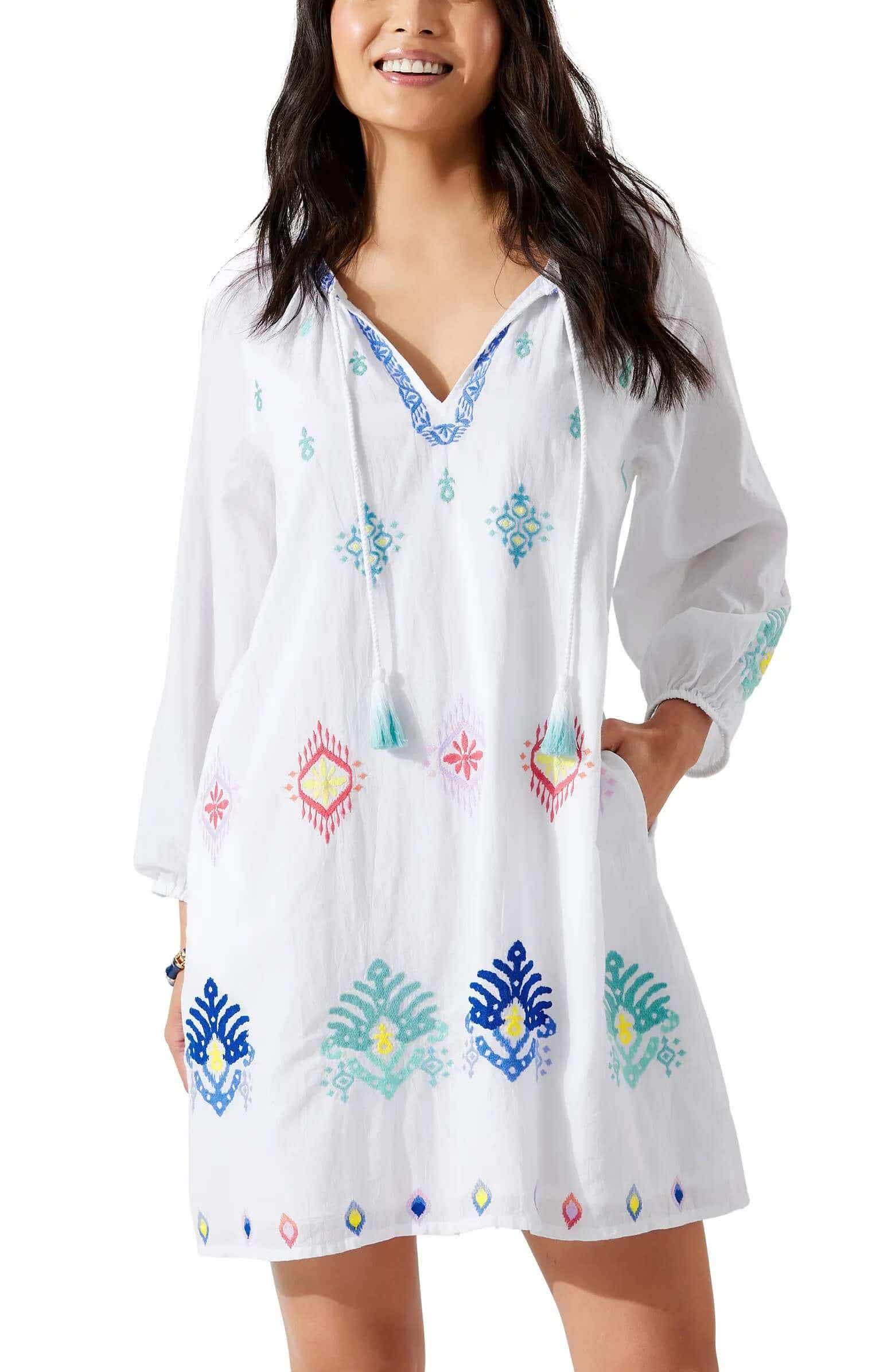 Embroidered Long Sleeve Cotton Cover-Up Dress