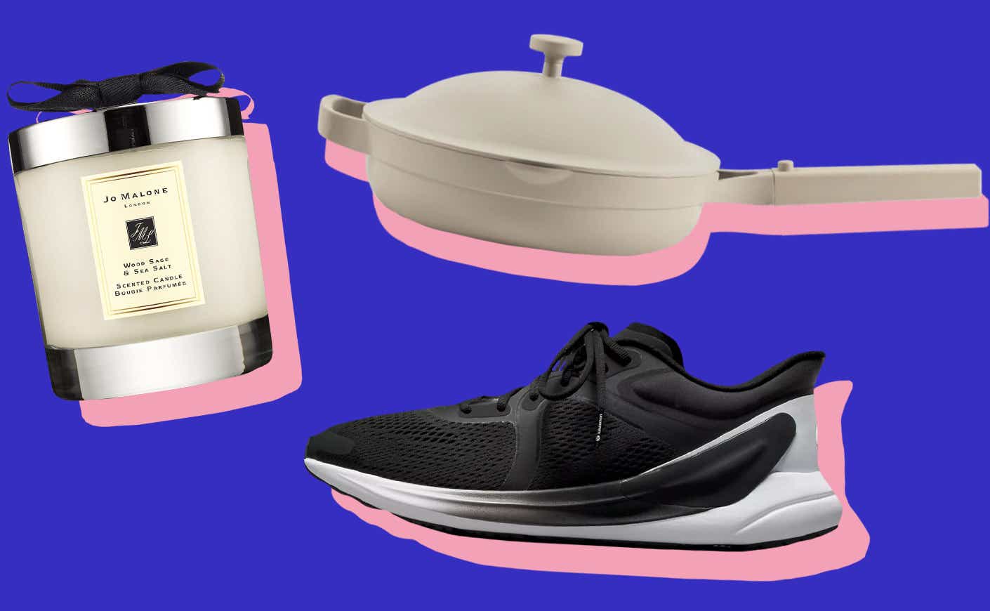 collage of gifts for yourself including a candle, frying pan and sneakers