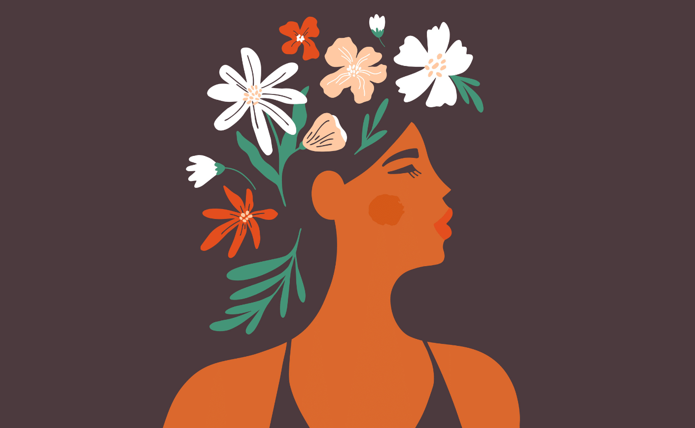 woman with flowers around her head on brown background