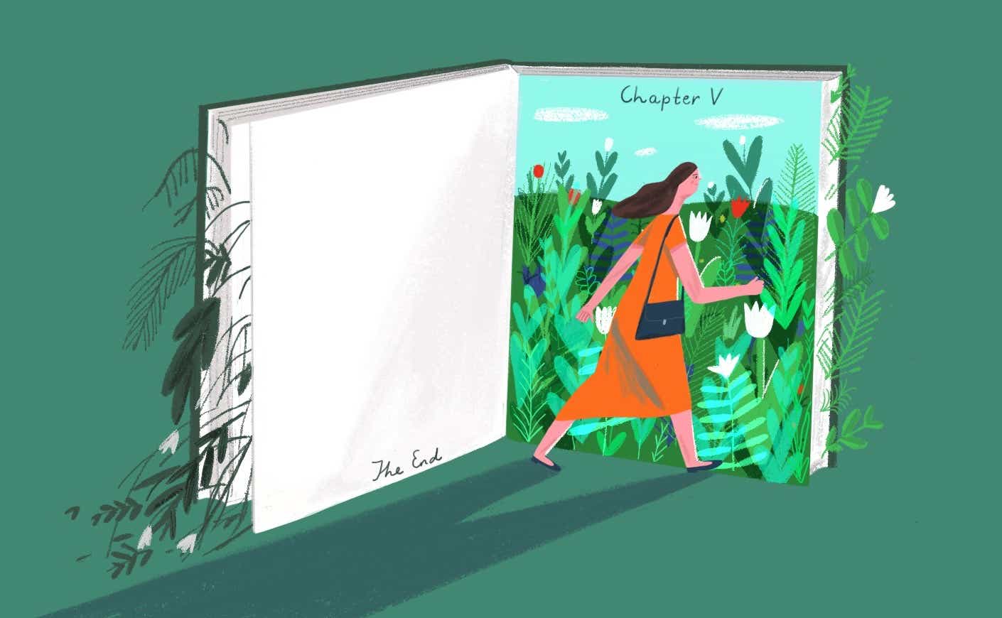 illustration of a book with a woman walking away from one chapter to a new chapter