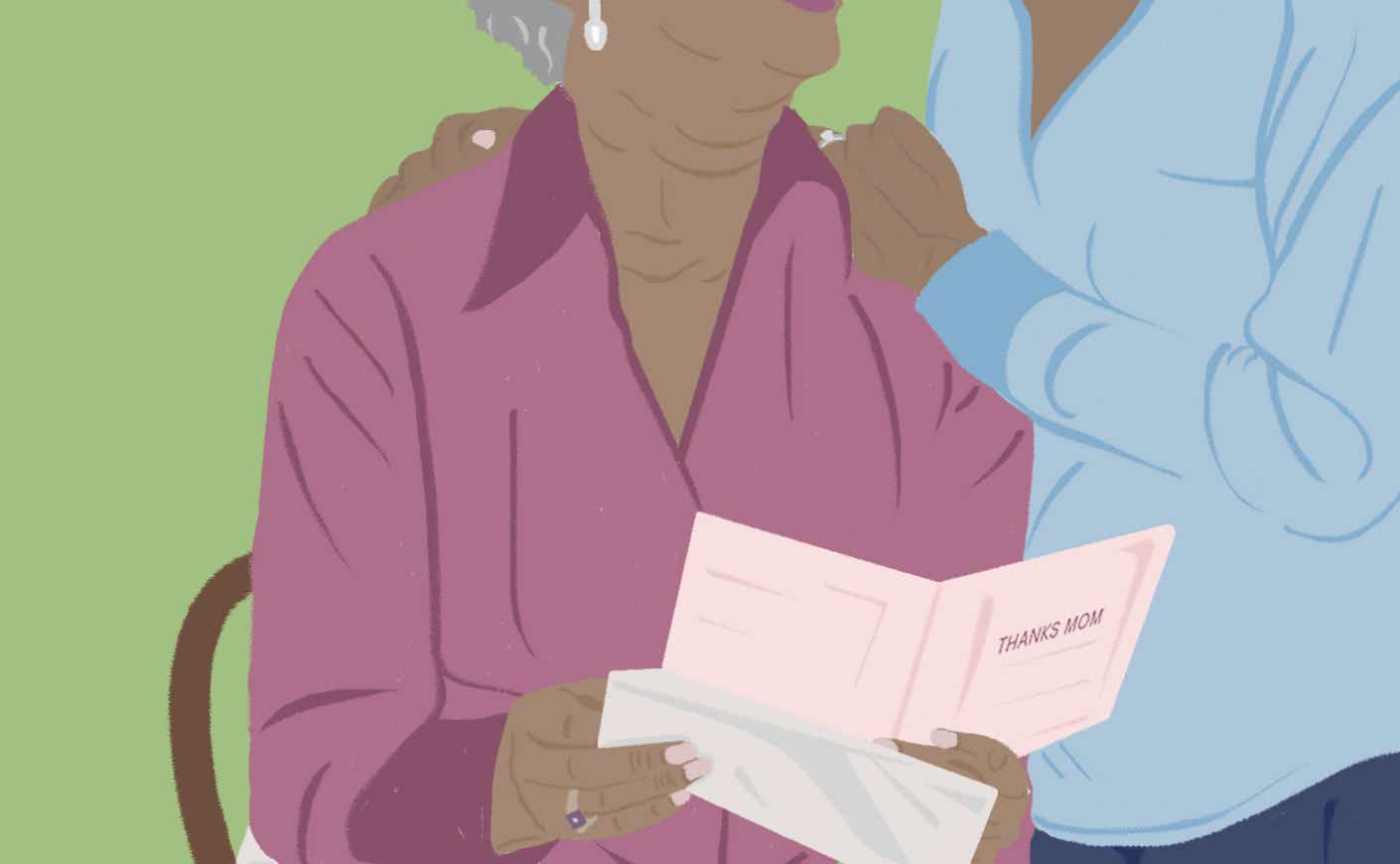 illustration of a mother reading a thank you card and embracing another woman