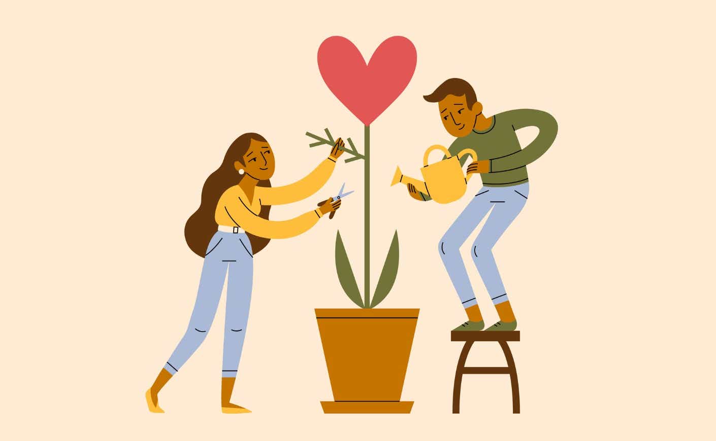 Illustration of a couple watering a heart-shaped plant