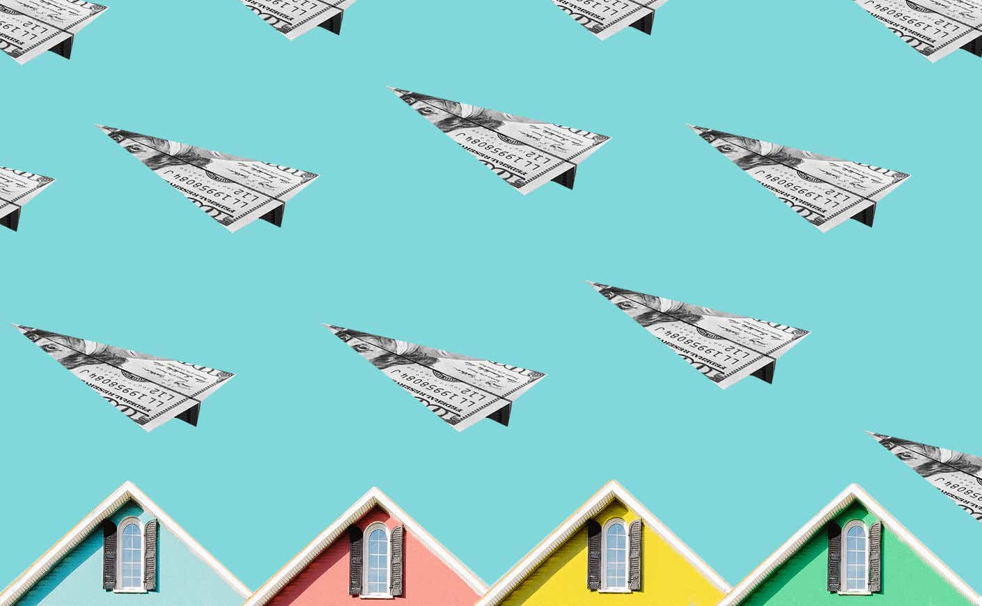 paper airplanes made of dollars flying over houses