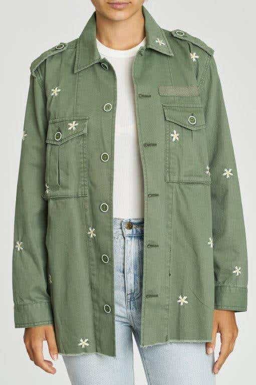 pistola green army jacket with daisies