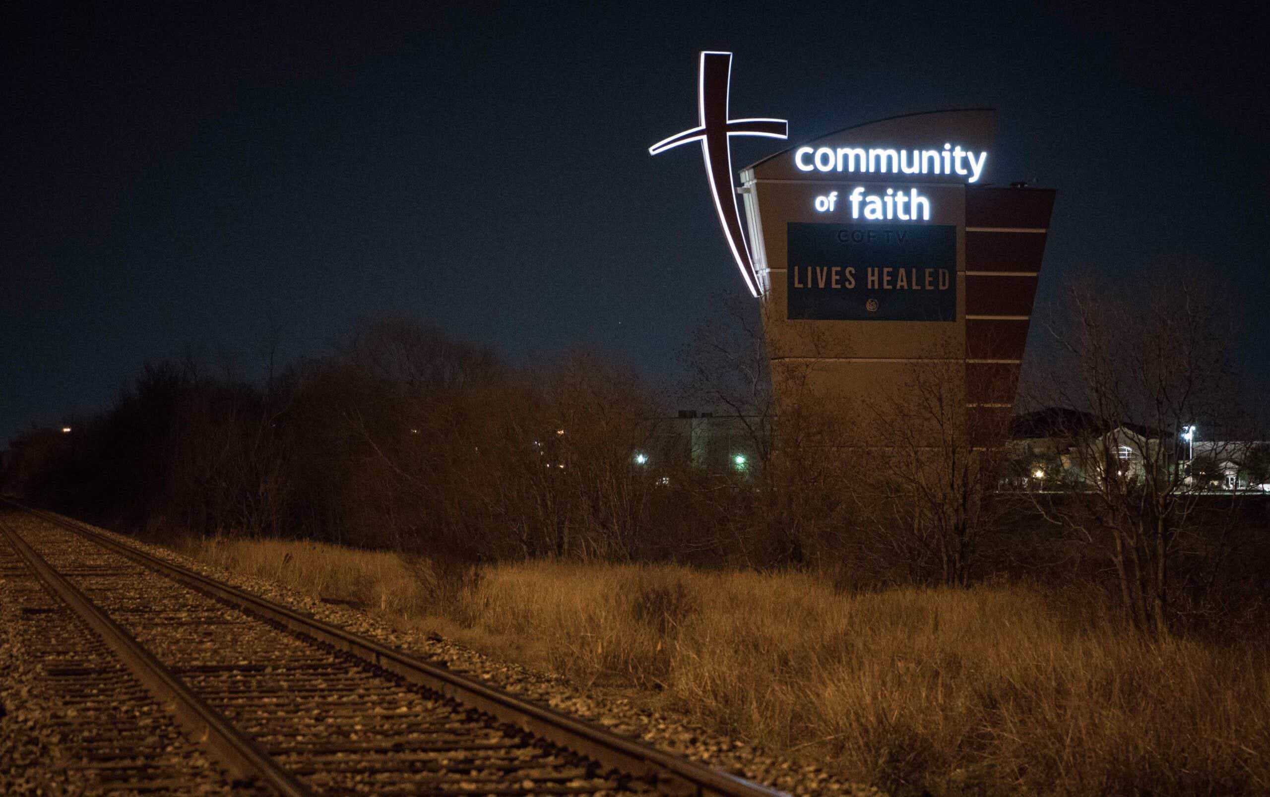 A sign at the front of the Community of Faith church in Houston