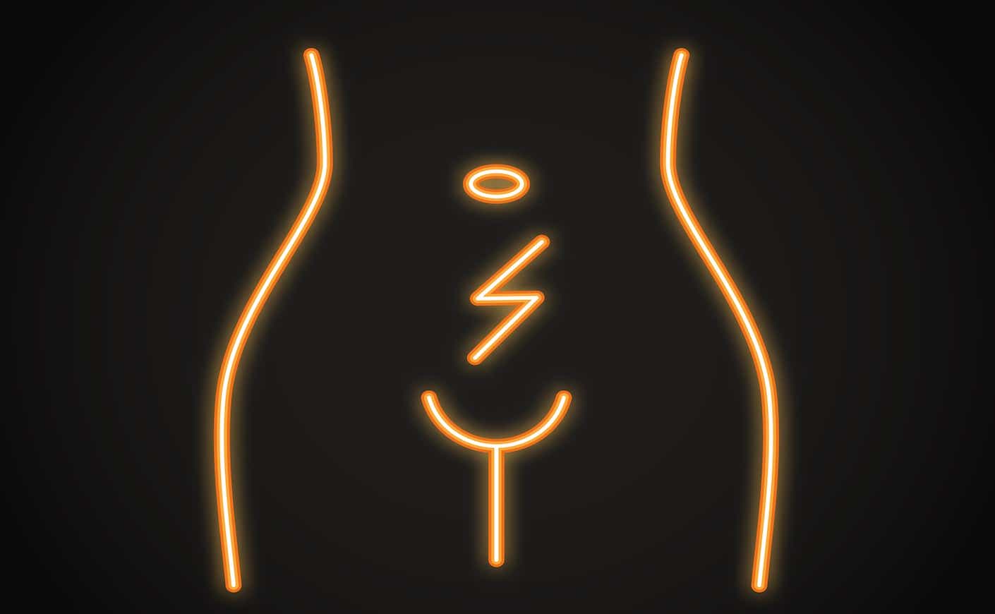Abdominal cramps and pain icon in neon line style