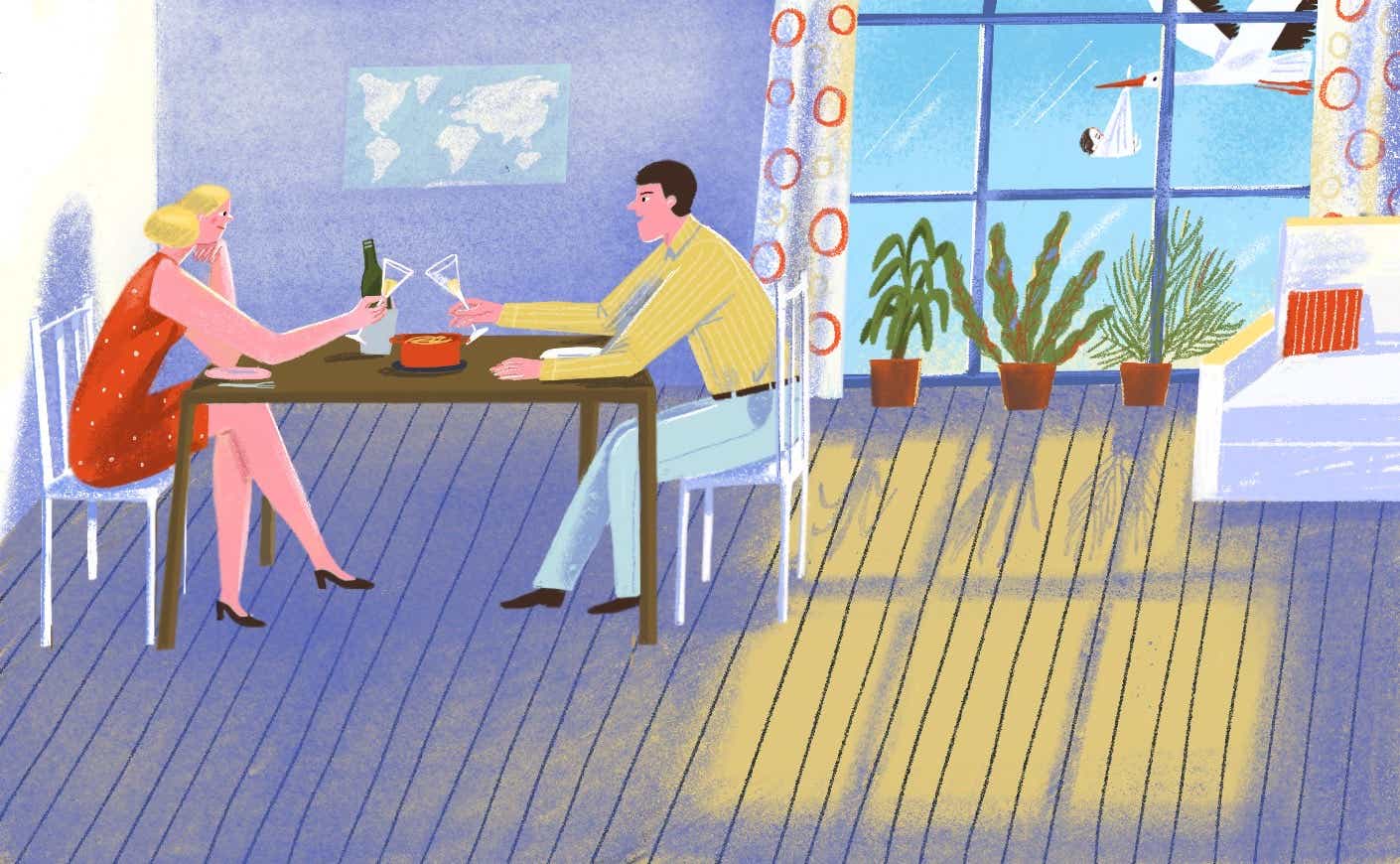 illustration of a couple having dinner not noticing a stork flying by their window with a baby