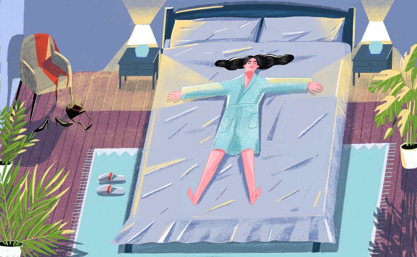 illustration of a woman spreading out in her big bed