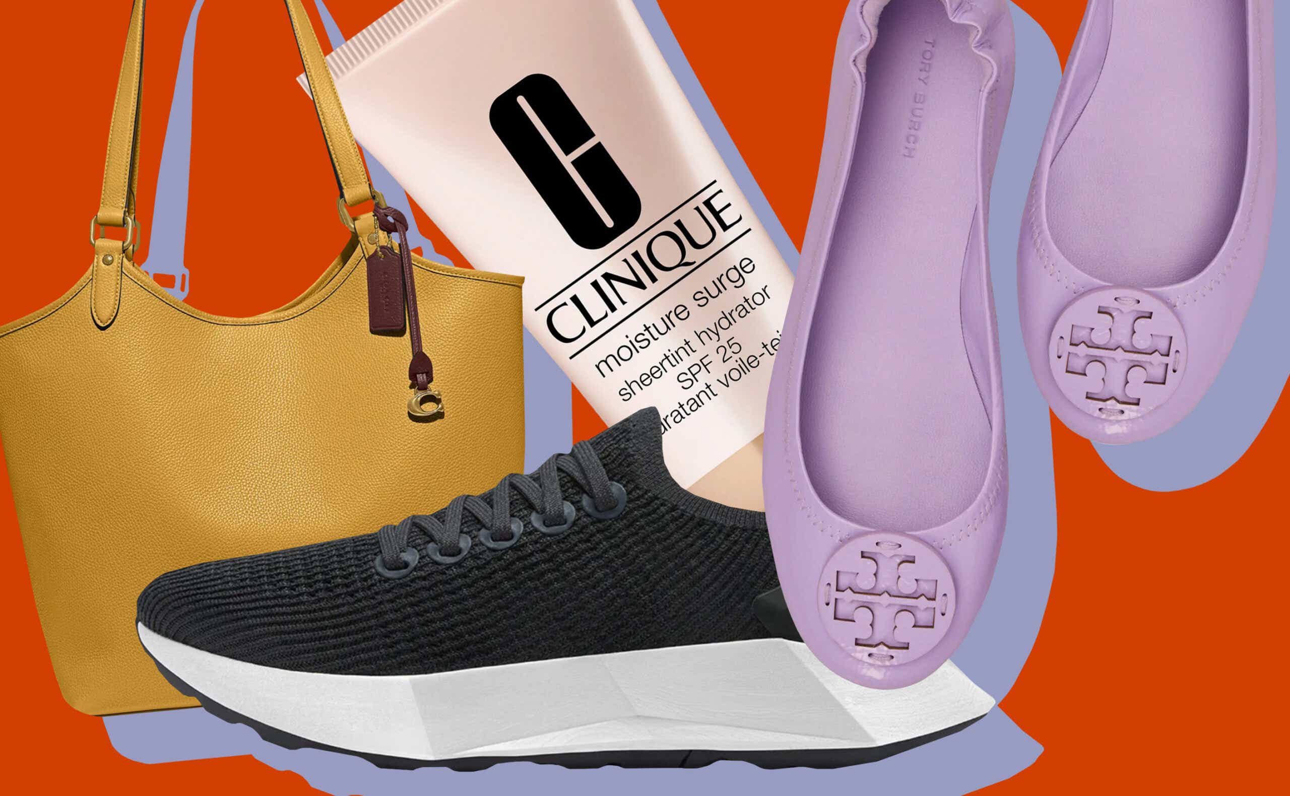 purple flats, black sneaker, yellow bag, clinique on background