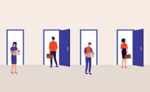 an illustration of people leaving and entering an office