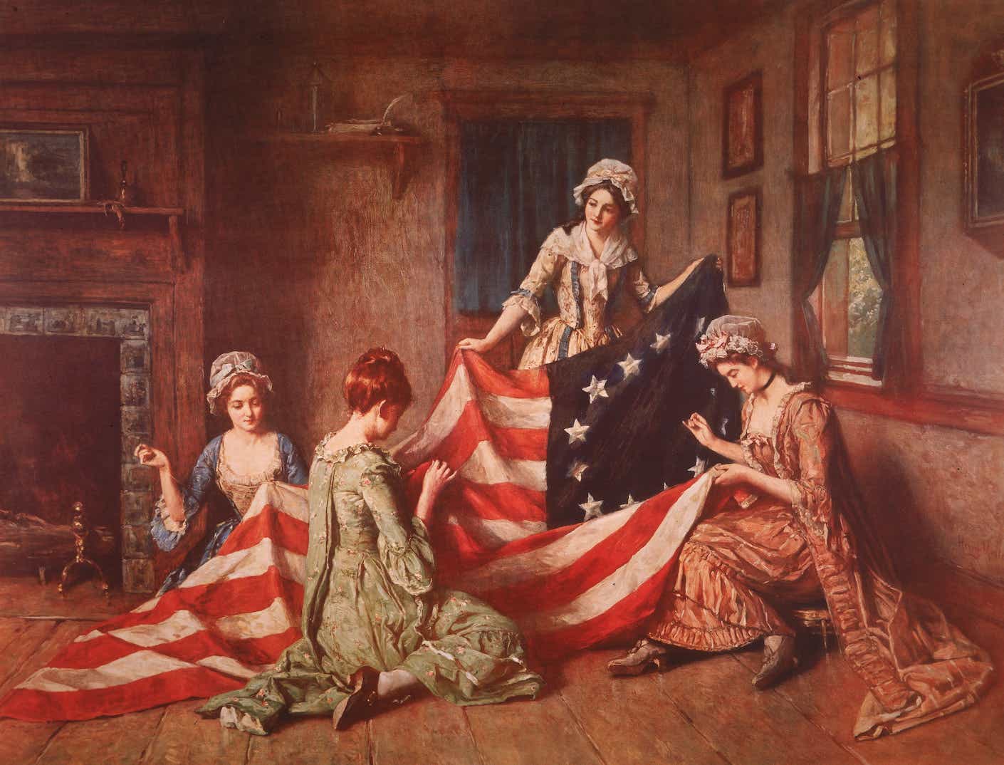 Betsy Ross and her assistants sewing the first American flag