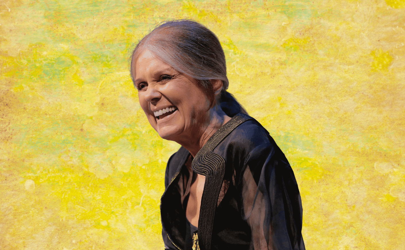 Gloria Steinem on a yellow background