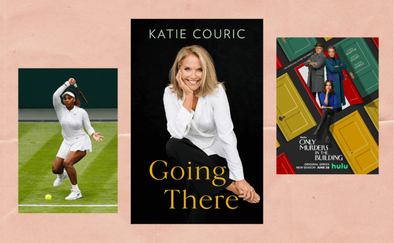 serena williams, katie couric's memoir going there, and a promotional poster for Only Murders in the Building