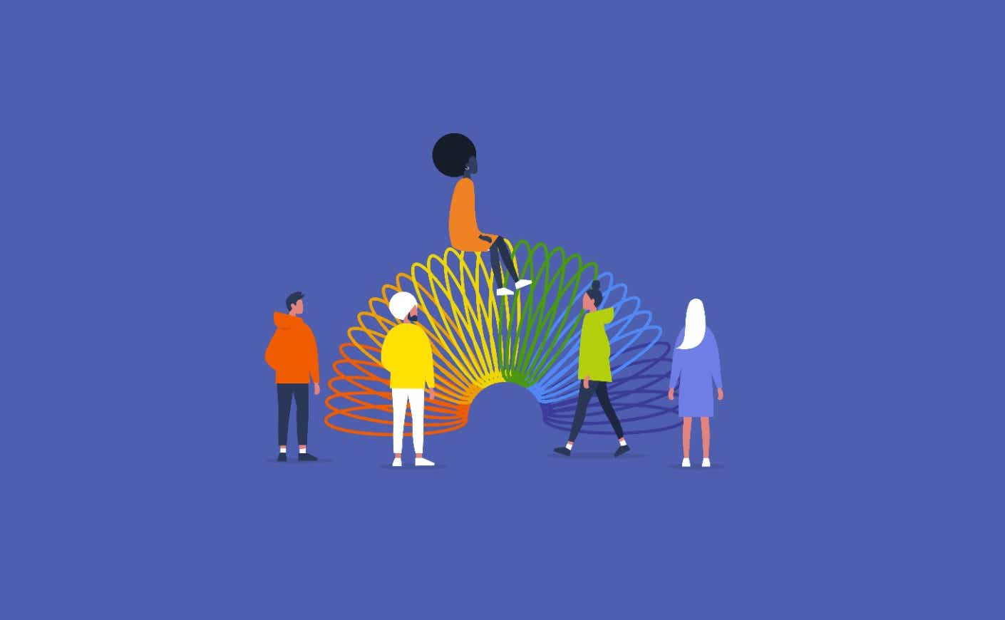 illustration of a rainbow slinky with people around it