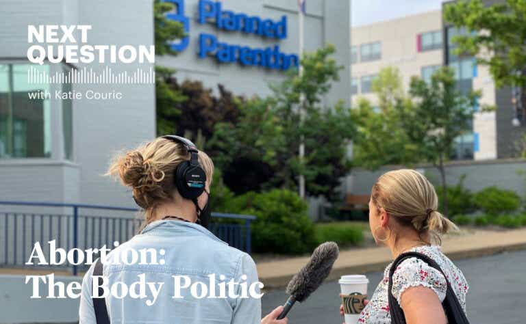 katie couric recording her podcast outside planned parenthood