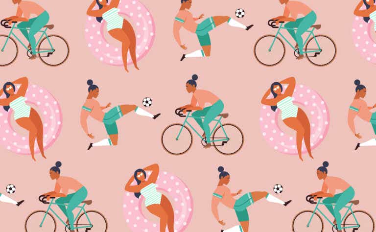 Illustration of people riding bikes and lounging on inner tubes