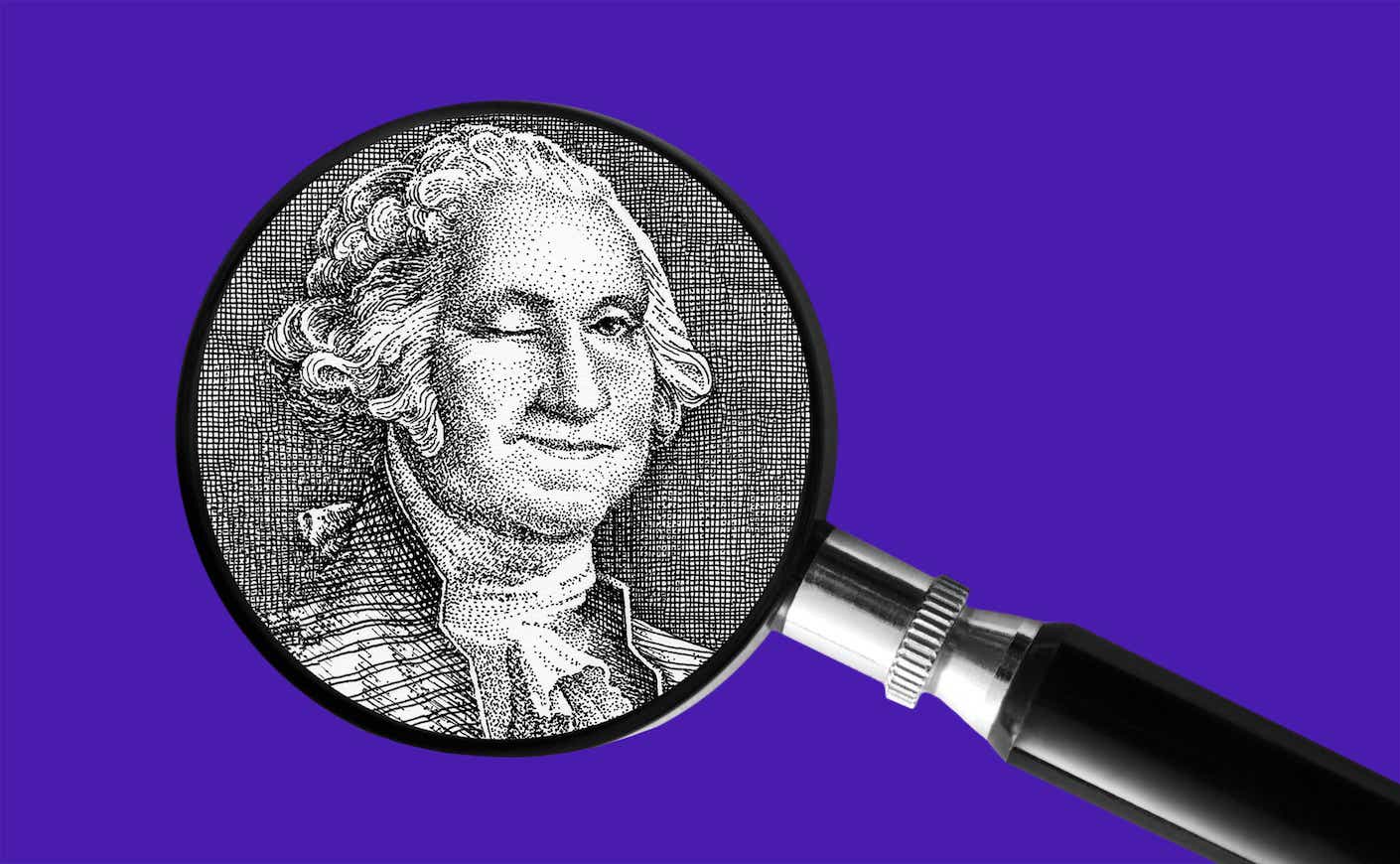 A sketch of George Washington smiling and winking, inside a magnifying glass