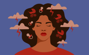 illustration of a woman with her eyes closed and clouds, pacifiers, and baby carriages floating around her head