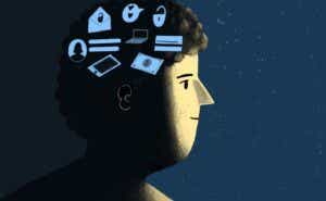 an illustration of a man with a phone, credit cards, laptop and other items overlayed on top of his head.