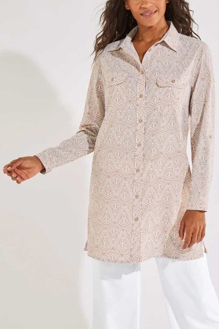 beige patterned button down cover up